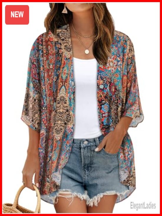 Other - Floral Print Puff Sleeve Kimono Cardigan Loose Cover Up Blouse Top